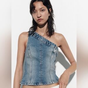 Zara asymmetrical one shoulder denim top medium blue